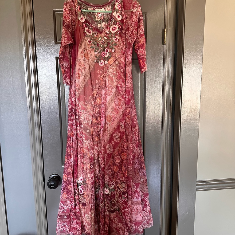 Johnny Was Pink and Orange Embellished Maxi Sundress